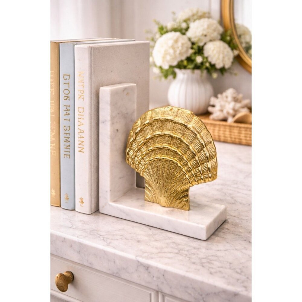 New White Marble Metal Gold Scallop Shell Nautical Bookend Room Decor Figurine